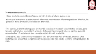 VENTAJA COMPARATIVA
•Cada producto producido significa una porción de otro producto que no lo es.
•Dado que las naciones pueden producir diferentes productos con diferentes grados de dificultad, las
porciones de los productos percibidos son diferentes.
•Por ejemplo, si Gran Bretaña puede producir 10 unidades de maíz con una unidad de entrada, pero
también podría haber producido 15 unidades de lana con la misma entrada, eso significa que está
renunciando a 1,5 unidades de lana con cada unidad del maíz producida.
•Si los EE.UU. está sacrificando 2 unidades de lana por unidad de maíz producida, entonces Gran
Bretaña posee una ventaja comparativa en la producción de maíz y debe centrarse en la producción de
maíz.
 
