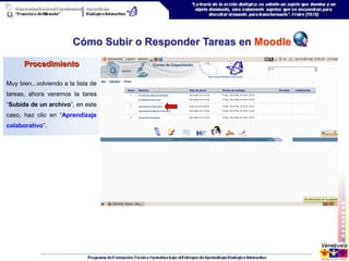 Cómo Subir o Responder Tareas en Moodle

      Procedimiento

Muy bien...volviendo a la lista de
tareas, ahora veremos la tarea
“Subida de un archivo”, en este
caso, haz clic en “Aprendizaje
colaborativo”.
 