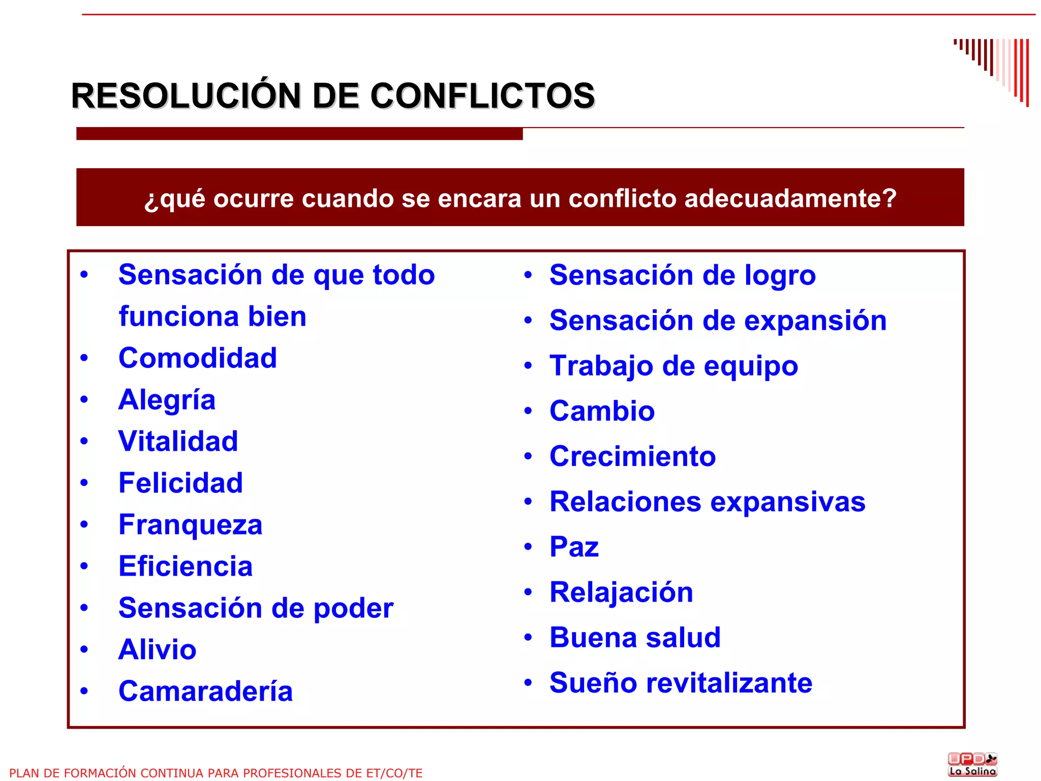RESOLUCIÓN DE CONFLICTOS
¿qué ocurre cuando se encara un conflicto adecuadamente?

•
•
•
•
•
•
•
•
•
•

Sensación de que todo
funciona bien
Comodidad
Alegría
Vitalidad
Felicidad
Franqueza
Eficiencia
Sensación de poder
Alivio
Camaradería

PLAN DE FORMACIÓN CONTINUA PARA PROFESIONALES DE ET/CO/TE

• Sensación de logro
• Sensación de expansión
• Trabajo de equipo
• Cambio
• Crecimiento
• Relaciones expansivas
• Paz
• Relajación
• Buena salud
• Sueño revitalizante

 