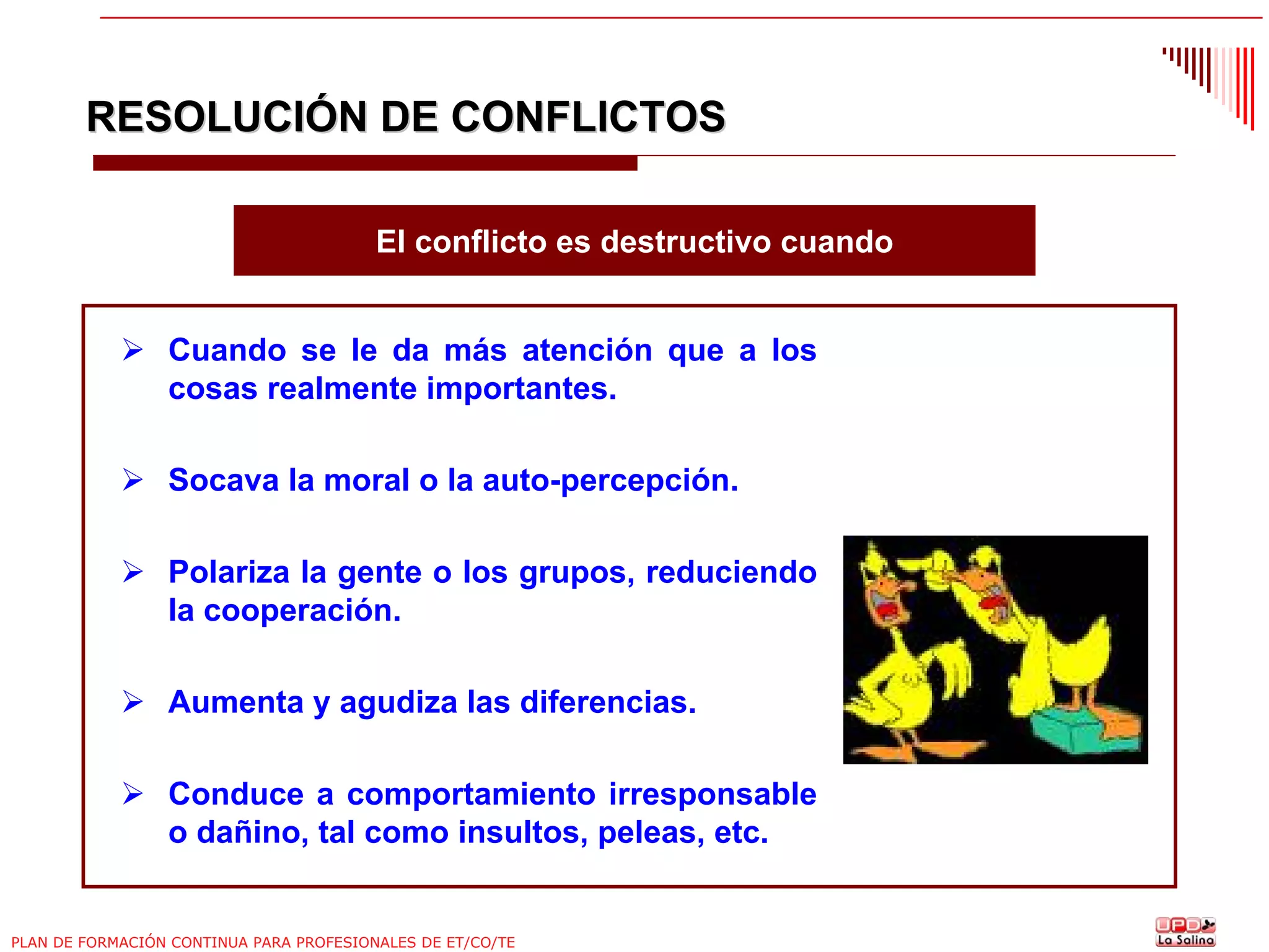 RESOLUCIÓN DE CONFLICTOS
El conflicto es destructivo cuando
Cuando se le da más atención que a los
cosas realmente importantes.
Socava la moral o la auto-percepción.
Polariza la gente o los grupos, reduciendo
la cooperación.
Aumenta y agudiza las diferencias.
Conduce a comportamiento irresponsable
o dañino, tal como insultos, peleas, etc.

PLAN DE FORMACIÓN CONTINUA PARA PROFESIONALES DE ET/CO/TE

 