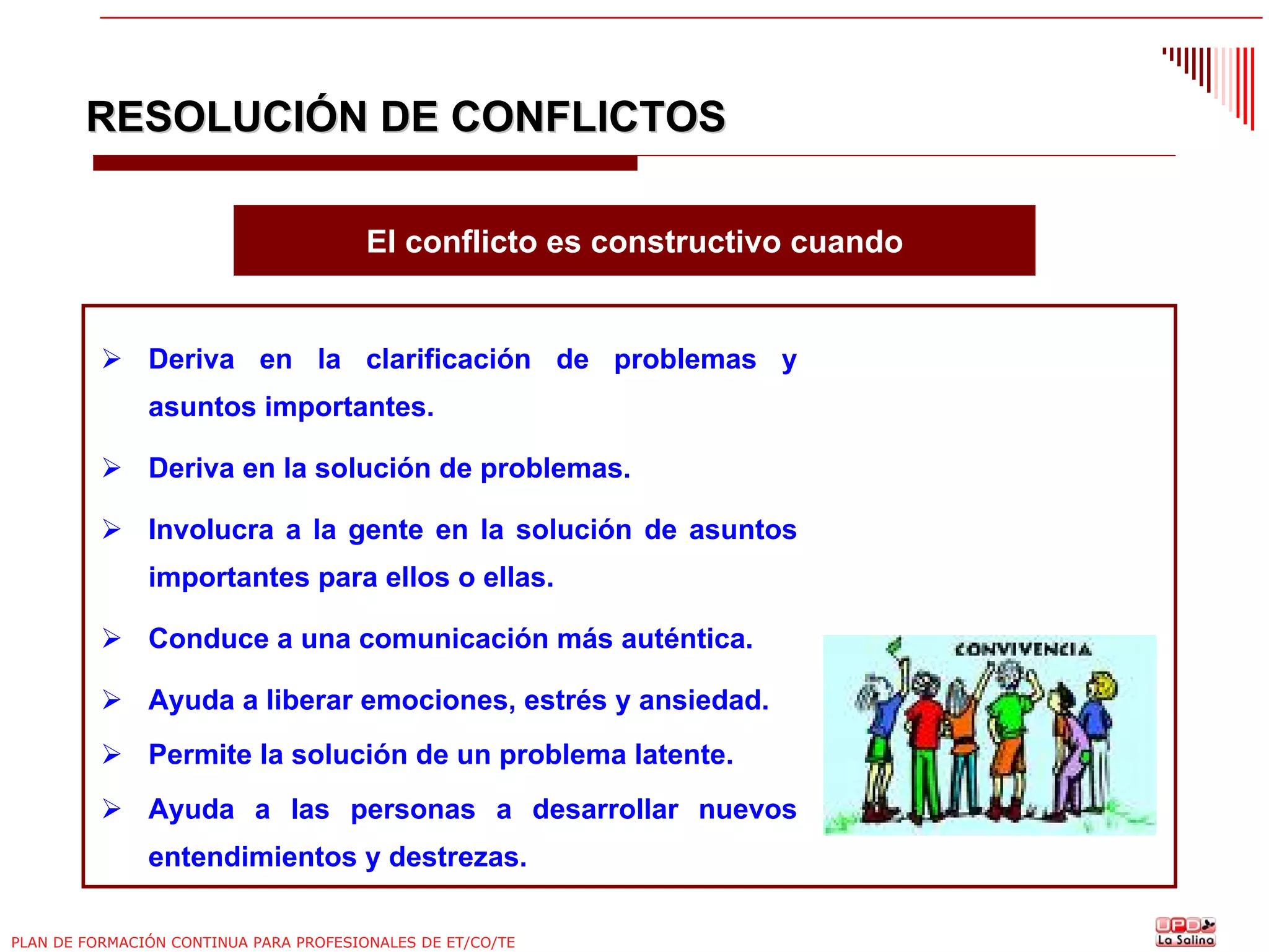 RESOLUCIÓN DE CONFLICTOS
El conflicto es constructivo cuando

Deriva en la clarificación de problemas y
asuntos importantes.
Deriva en la solución de problemas.
Involucra a la gente en la solución de asuntos
importantes para ellos o ellas.
Conduce a una comunicación más auténtica.
Ayuda a liberar emociones, estrés y ansiedad.
Permite la solución de un problema latente.
Ayuda a las personas a desarrollar nuevos
entendimientos y destrezas.
PLAN DE FORMACIÓN CONTINUA PARA PROFESIONALES DE ET/CO/TE

 