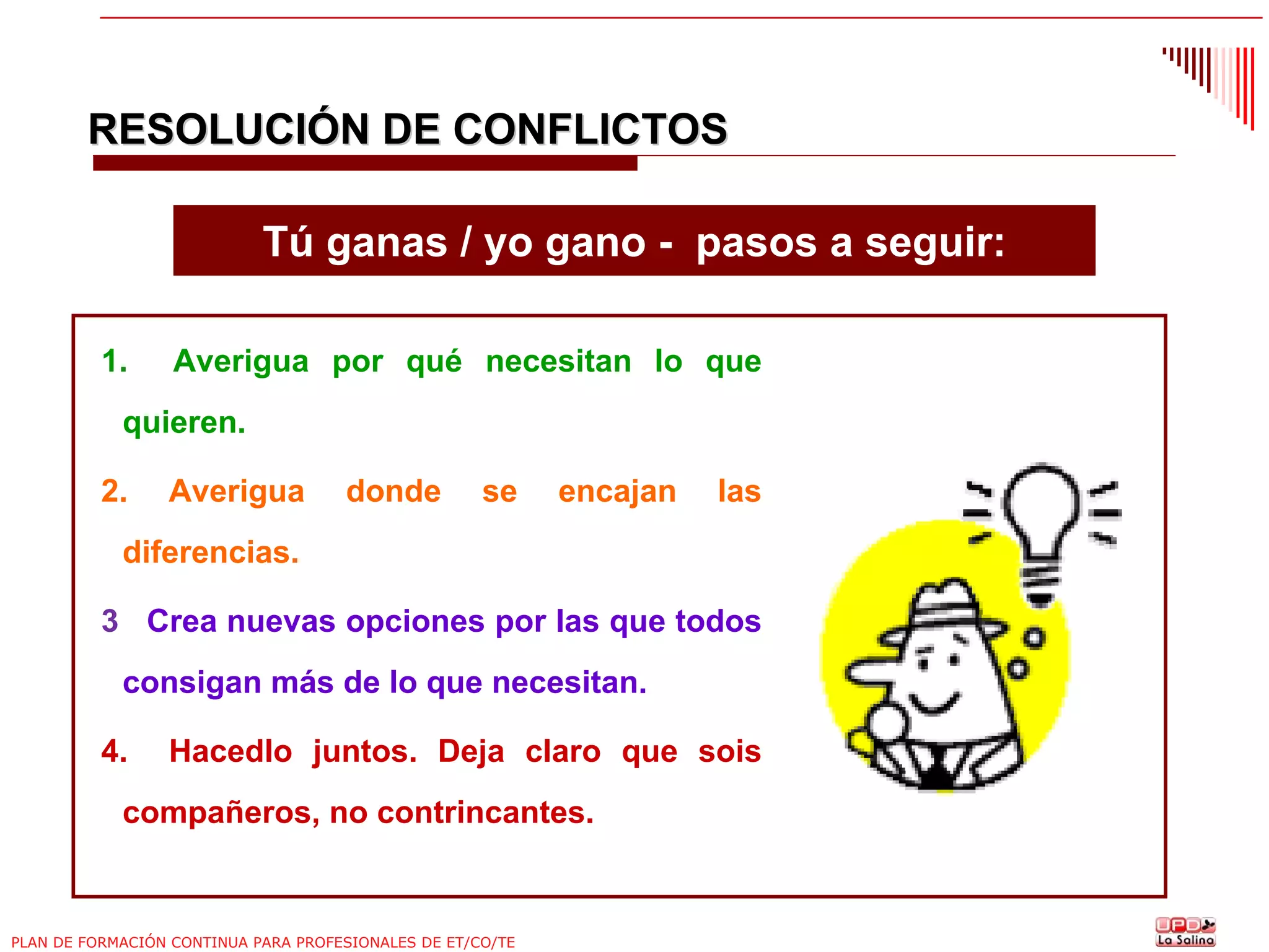 RESOLUCIÓN DE CONFLICTOS
Tú ganas / yo gano - pasos a seguir:
1.

Averigua por qué necesitan lo que

quieren.
2.

Averigua

donde

se

encajan

las

diferencias.
3 Crea nuevas opciones por las que todos
consigan más de lo que necesitan.
4.

Hacedlo juntos. Deja claro que sois

compañeros, no contrincantes.

PLAN DE FORMACIÓN CONTINUA PARA PROFESIONALES DE ET/CO/TE

 