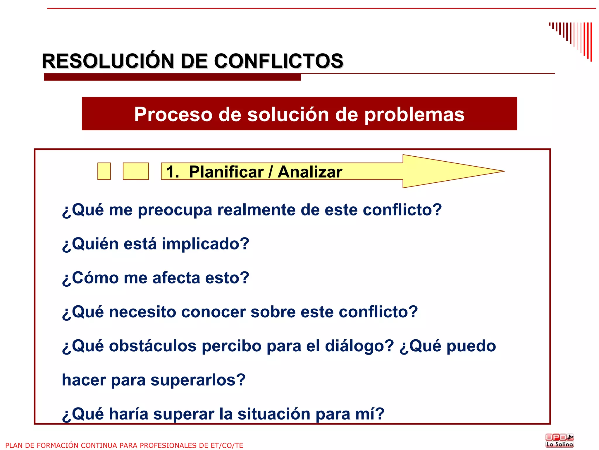 RESOLUCIÓN DE CONFLICTOS
Proceso de solución de problemas
1. Planificar / Analizar
¿Qué me preocupa realmente de este conflicto?
¿Quién está implicado?
¿Cómo me afecta esto?
¿Qué necesito conocer sobre este conflicto?
¿Qué obstáculos percibo para el diálogo? ¿Qué puedo
hacer para superarlos?
¿Qué haría superar la situación para mí?
PLAN DE FORMACIÓN CONTINUA PARA PROFESIONALES DE ET/CO/TE

 