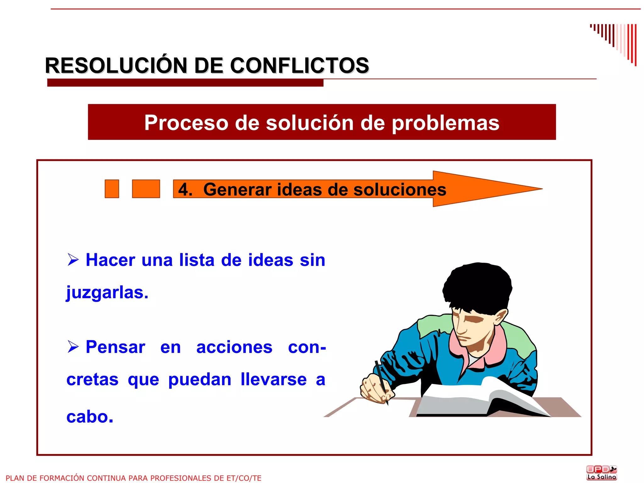 RESOLUCIÓN DE CONFLICTOS
Proceso de solución de problemas
4. Generar ideas de soluciones

Hacer una lista de ideas sin
juzgarlas.
Pensar en acciones concretas que puedan llevarse a
cabo.

PLAN DE FORMACIÓN CONTINUA PARA PROFESIONALES DE ET/CO/TE

 