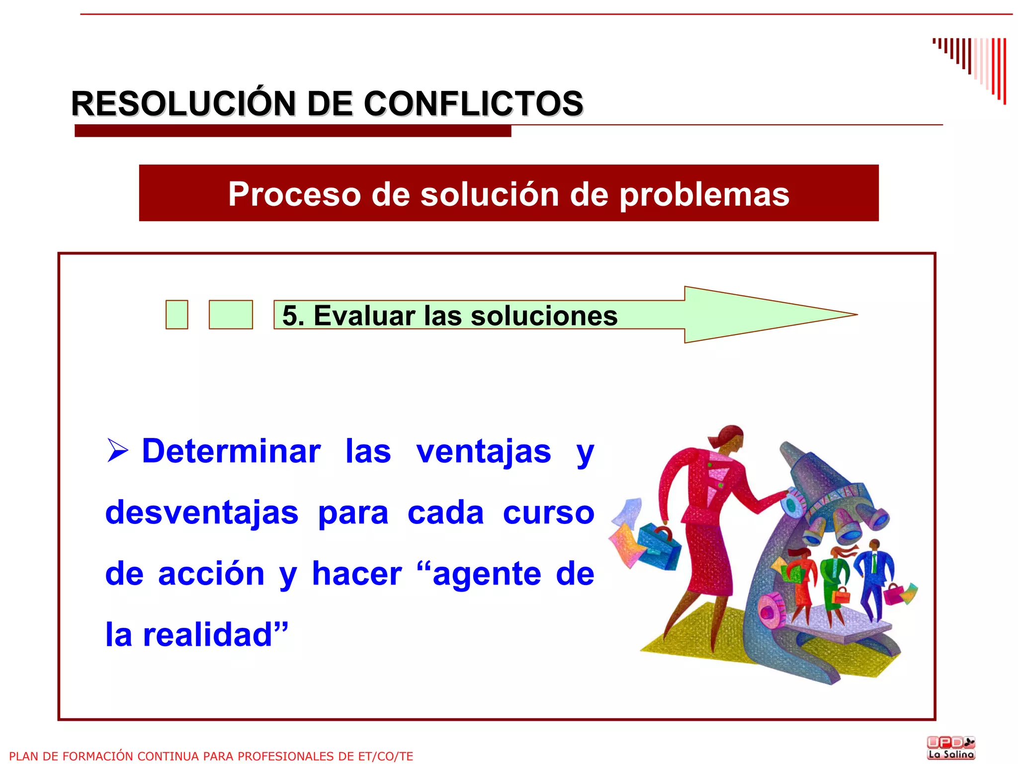 RESOLUCIÓN DE CONFLICTOS
Proceso de solución de problemas

5. Evaluar las soluciones

Determinar las ventajas y
desventajas para cada curso
de acción y hacer “agente de
la realidad”

PLAN DE FORMACIÓN CONTINUA PARA PROFESIONALES DE ET/CO/TE

 