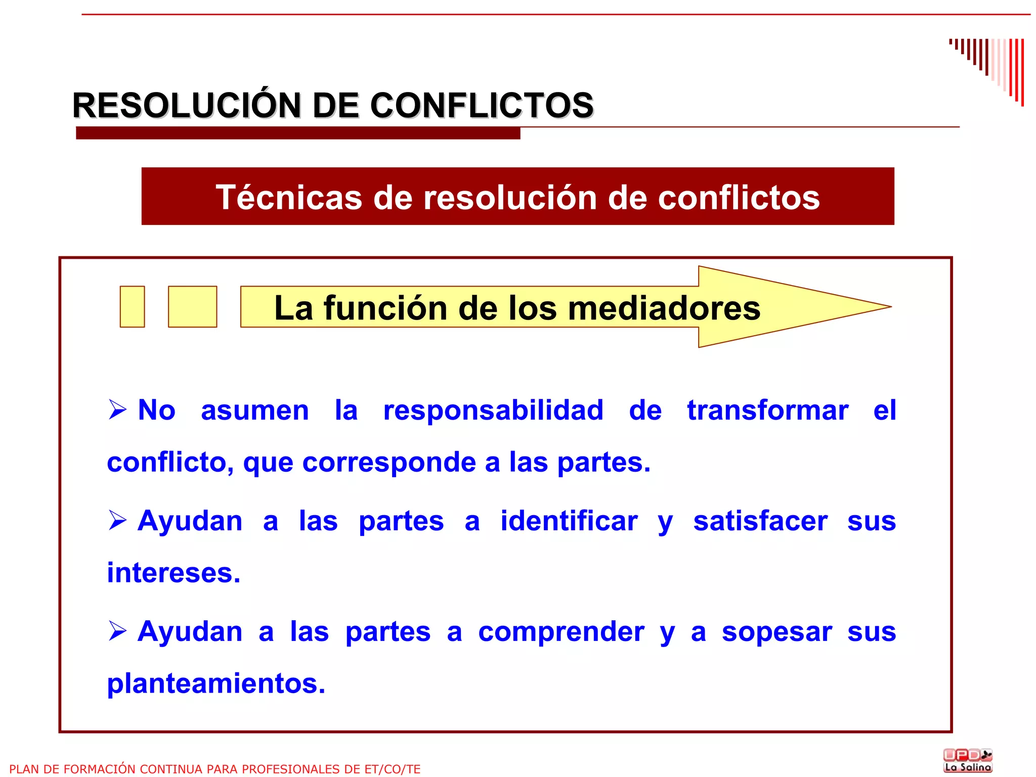 RESOLUCIÓN DE CONFLICTOS
Técnicas de resolución de conflictos
La función de los mediadores
No asumen la responsabilidad de transformar el
conflicto, que corresponde a las partes.
Ayudan a las partes a identificar y satisfacer sus
intereses.
Ayudan a las partes a comprender y a sopesar sus
planteamientos.
PLAN DE FORMACIÓN CONTINUA PARA PROFESIONALES DE ET/CO/TE

 