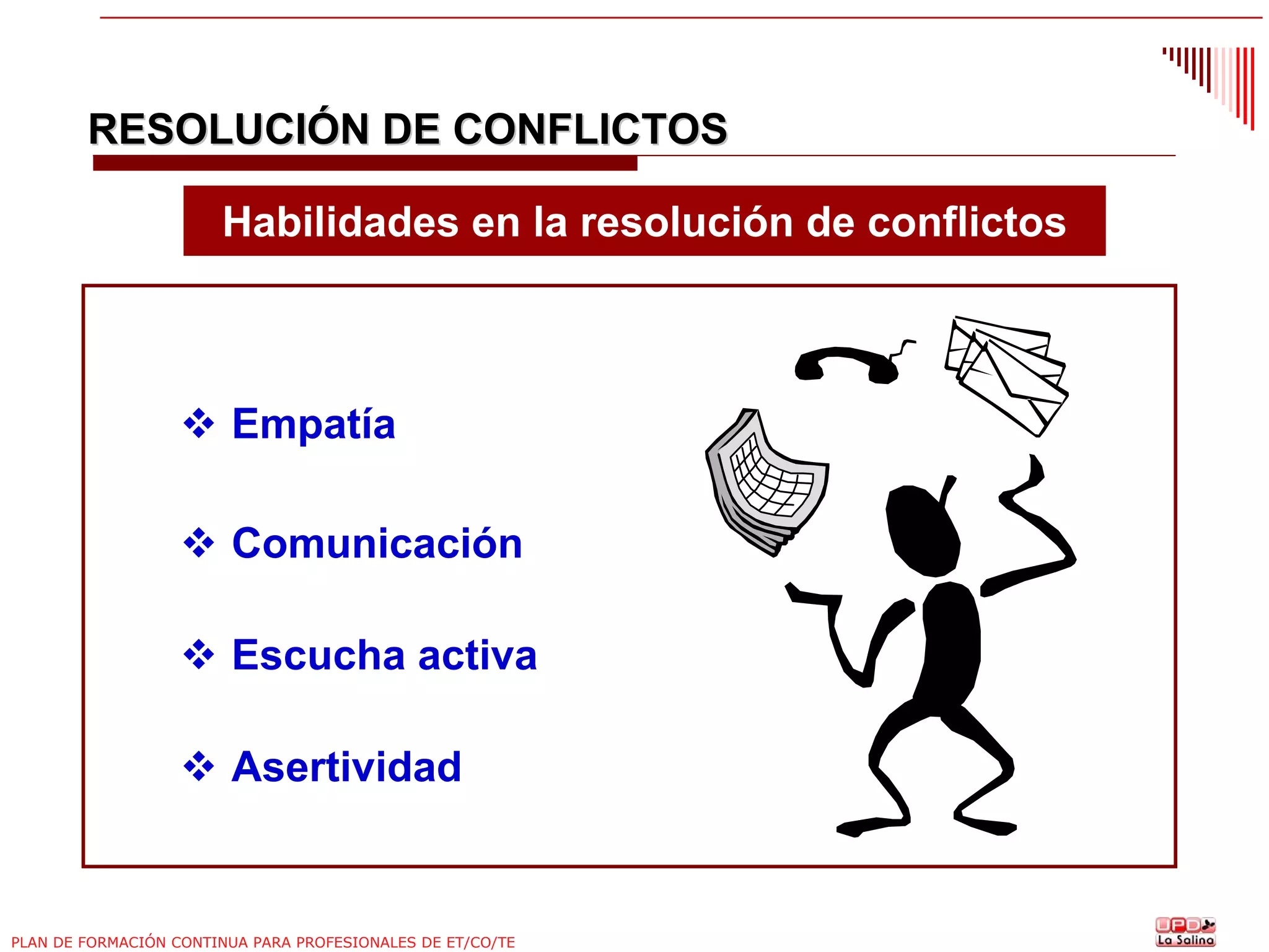 RESOLUCIÓN DE CONFLICTOS
Habilidades en la resolución de conflictos

Empatía
Comunicación
Escucha activa
Asertividad

PLAN DE FORMACIÓN CONTINUA PARA PROFESIONALES DE ET/CO/TE

 