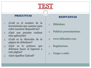 TEST
         PREGUNTAS
                                              RESPUESTAS

1.   ¿Cuál es el nombre de la
                                    1.   Slideshare
     herramienta que usamos para
     subir nuestras diapositivas?
2.   ¿Qué nos permite realizar      2.   Publicar presentaciones.
     ésta aplicación?
3.   ¿Cuál es la dirección de la    3.   www.slidesahre.com
     página de slideshare?
4.   ¿Qué es lo primero que         4.   Registrarnos.
     debemos hacer al ingresar a
     esta página?
                                    5.   Cargar o subir .
5.   ¿Qué significa Upload?
 