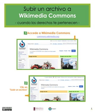 Subir un archivo a
Wikimedia Commons
1
1 Accede a Wikimedia Commons
commons.wikimedia.org
2
Clic en
"Subir un archivo"
- cuando los derechos te pertenecen -
 
