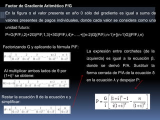 Factor de Gradiente Aritmético P/G
En la figura α el valor presente en año 0 sólo del gradiente es igual a suma de
valores presentes de pagos individuales, donde cada valor se considera como una
unidad futura:
P=G(P/F,i,2)+2G(P/F,1,3)+3G(P/F,i,4)+…..+[(n-2)G](P/F,i,n-1)+[(n-1)G](P/F,i,n)
Factorizando G y aplicando la fórmula P/F:
Al multiplicar ambos lados de θ por
(1+i)1 se obtiene:
Restar la ecuación θ de la ecuación κ y
simplificar:
La expresión entre corchetes (de la
izquierda) es igual a la ecuación β,
donde se derivó P/A. Sustituir la
forma cerrada de P/A de la ecuación δ
en la ecuación λ y despejar P:
 