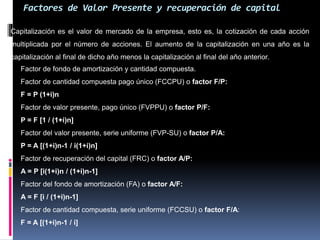 Factores de Valor Presente y recuperación de capital
Capitalización es el valor de mercado de la empresa, esto es, la cotización de cada acción
multiplicada por el número de acciones. El aumento de la capitalización en una año es la
capitalización al final de dicho año menos la capitalización al final del año anterior.
Factor de fondo de amortización y cantidad compuesta.
Factor de cantidad compuesta pago único (FCCPU) o factor F/P:
F = P (1+i)n
Factor de valor presente, pago único (FVPPU) o factor P/F:
P = F [1 / (1+i)n]
Factor del valor presente, serie uniforme (FVP-SU) o factor P/A:
P = A [(1+i)n-1 / i(1+i)n]
Factor de recuperación del capital (FRC) o factor A/P:
A = P [i(1+i)n / (1+i)n-1]
Factor del fondo de amortización (FA) o factor A/F:
A = F [i / (1+i)n-1]
Factor de cantidad compuesta, serie uniforme (FCCSU) o factor F/A:
F = A [(1+i)n-1 / i]
 