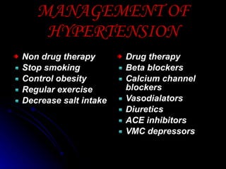 MANAGEMENT OF HYPERTENSION Non drug therapy Stop smoking Control obesity Regular exercise Decrease salt intake Drug therapy Beta blockers Calcium channel blockers Vasodialators Diuretics ACE inhibitors VMC depressors 