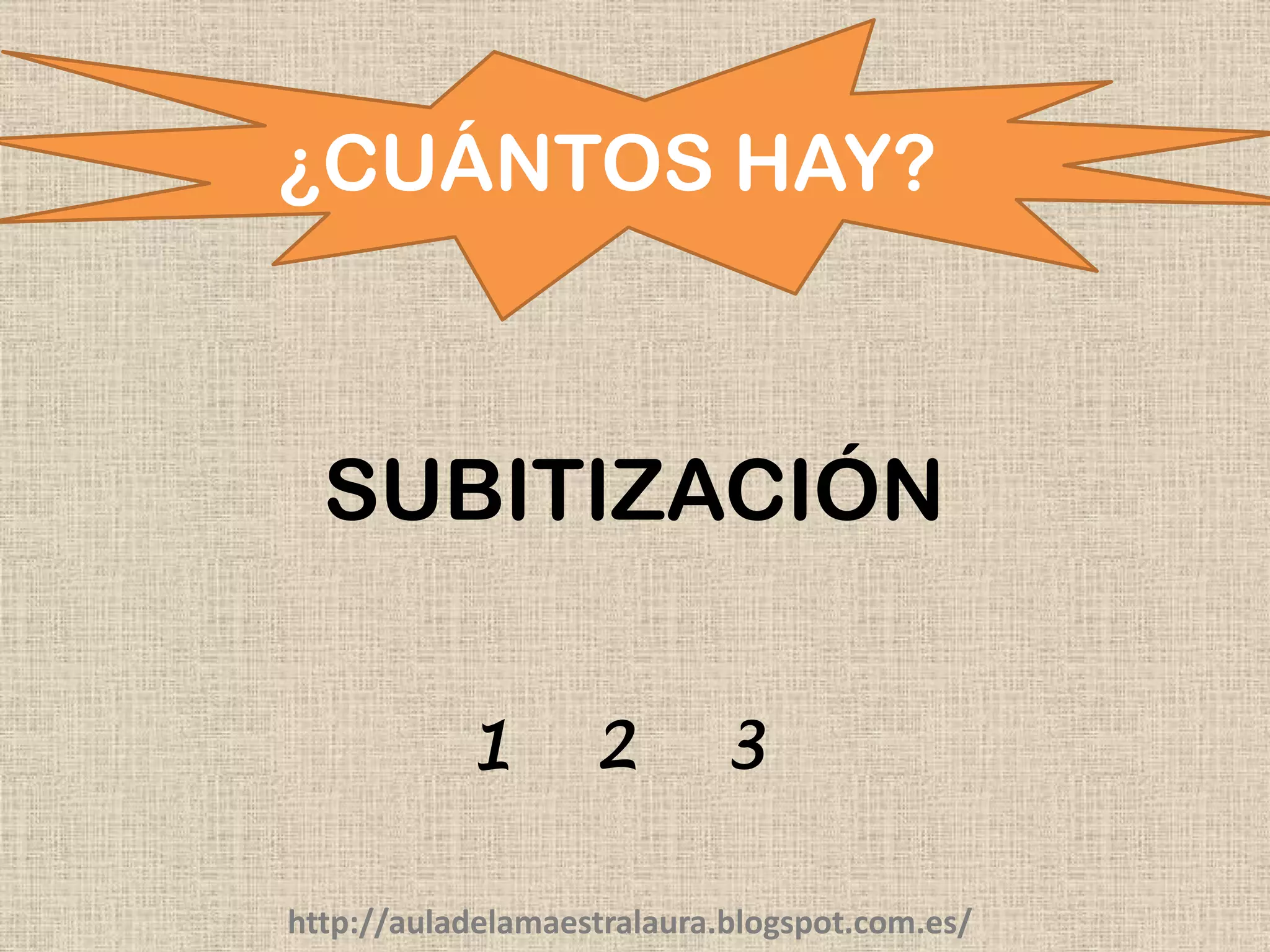¿CUÁNTOS HAY?
SUBITIZACIÓN
1 2 3
http://auladelamaestralaura.blogspot.com.es/