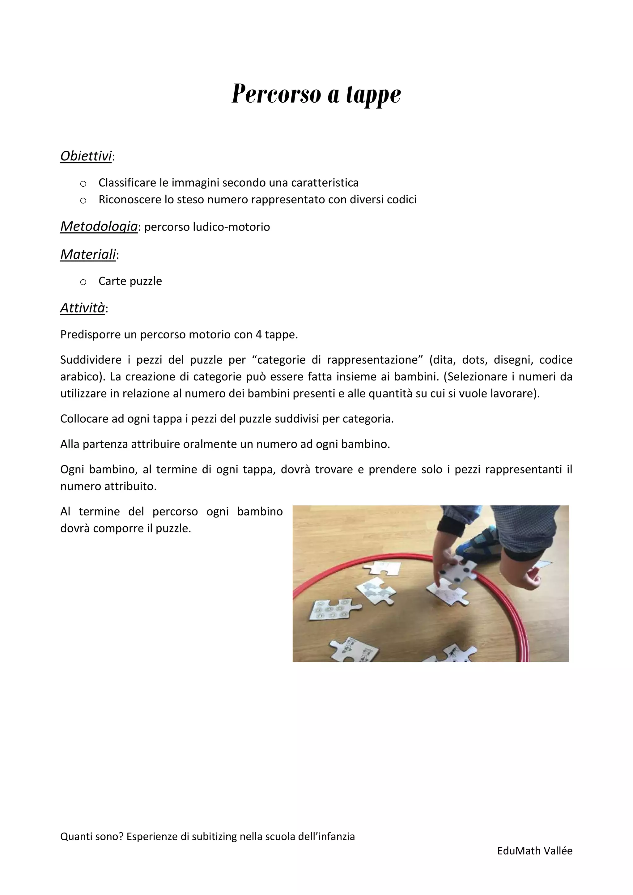 Quanti sono? Esperienze di subitizing nella scuola dell’infanzia
EduMath Vallée
Percorso a tappe
Obiettivi:
o Classificare le immagini secondo una caratteristica
o Riconoscere lo steso numero rappresentato con diversi codici
Metodologia: percorso ludico-motorio
Materiali:
o Carte puzzle
Attività:
Predisporre un percorso motorio con 4 tappe.
Suddividere i pezzi del puzzle per “categorie di rappresentazione” (dita, dots, disegni, codice
arabico). La creazione di categorie può essere fatta insieme ai bambini. (Selezionare i numeri da
utilizzare in relazione al numero dei bambini presenti e alle quantità su cui si vuole lavorare).
Collocare ad ogni tappa i pezzi del puzzle suddivisi per categoria.
Alla partenza attribuire oralmente un numero ad ogni bambino.
Ogni bambino, al termine di ogni tappa, dovrà trovare e prendere solo i pezzi rappresentanti il
numero attribuito.
Al termine del percorso ogni bambino
dovrà comporre il puzzle.
 