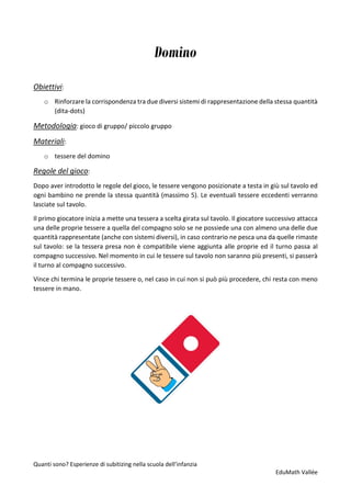 Quanti sono? Esperienze di subitizing nella scuola dell’infanzia
EduMath Vallée
Domino
Obiettivi:
o Rinforzare la corrispondenza tra due diversi sistemi di rappresentazione della stessa quantità
(dita-dots)
Metodologia: gioco di gruppo/ piccolo gruppo
Materiali:
o tessere del domino
Regole del gioco:
Dopo aver introdotto le regole del gioco, le tessere vengono posizionate a testa in giù sul tavolo ed
ogni bambino ne prende la stessa quantità (massimo 5). Le eventuali tessere eccedenti verranno
lasciate sul tavolo.
Il primo giocatore inizia a mette una tessera a scelta girata sul tavolo. Il giocatore successivo attacca
una delle proprie tessere a quella del compagno solo se ne possiede una con almeno una delle due
quantità rappresentate (anche con sistemi diversi), in caso contrario ne pesca una da quelle rimaste
sul tavolo: se la tessera presa non è compatibile viene aggiunta alle proprie ed il turno passa al
compagno successivo. Nel momento in cui le tessere sul tavolo non saranno più presenti, si passerà
il turno al compagno successivo.
Vince chi termina le proprie tessere o, nel caso in cui non si può più procedere, chi resta con meno
tessere in mano.
 