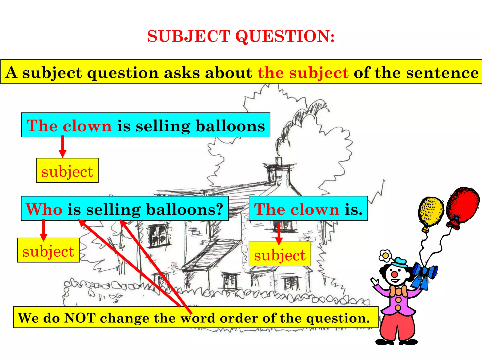 SUBJECT QUESTION:
A subject question asks about the subject of the sentence
The clown is selling balloons
subject
Who is selling balloons? The clown is.
subject subject
We do NOT change the word order of the question.