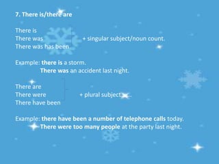 7. There is/there are
There is
There was
There was has been

+ singular subject/noun count.

Example: there is a storm.
There was an accident last night.
There are
There were
There have been

+ plural subject…….

Example: there have been a number of telephone calls today.
There were too many people at the party last night.

 