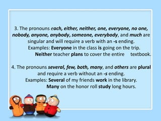 3. The pronouns each, either, neither, one, everyone, no one,
nobody, anyone, anybody, someone, everybody, and much are
singular and will require a verb with an -s ending.
Examples: Everyone in the class is going on the trip.
Neither teacher plans to cover the entire textbook.

4. The pronouns several, few, both, many, and others are plural
and require a verb without an -s ending.
Examples: Several of my friends work in the library.
Many on the honor roll study long hours.

 