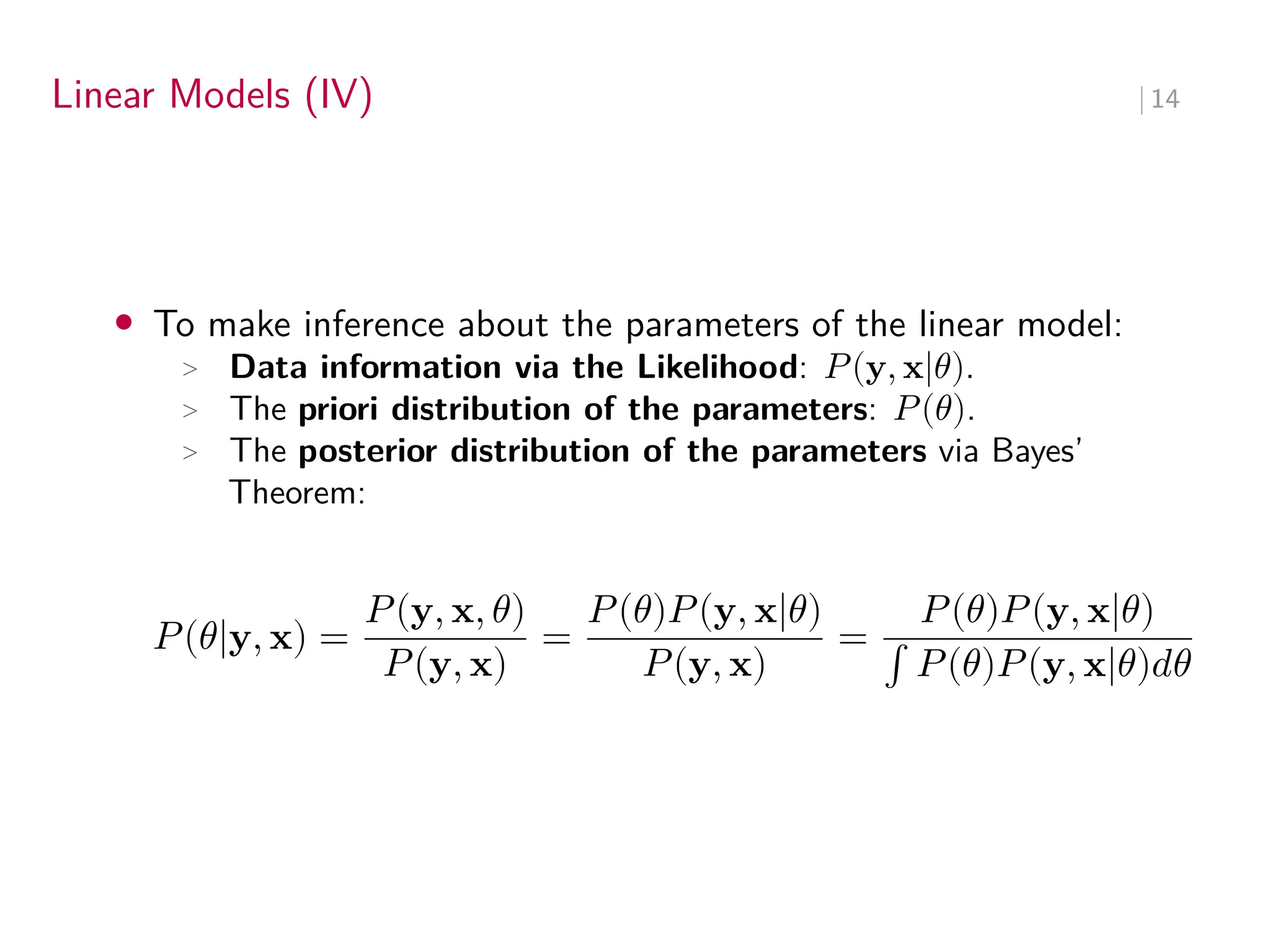 Linear Models (IV) ∣ 14
• To make inference about the parameters of the linear model:
> Data information via the Likelihood: 𝑃(y, x|𝜃).
> The priori distribution of the parameters: 𝑃(𝜃).
> The posterior distribution of the parameters via Bayes’
Theorem:
𝑃(𝜃|y, x) =
𝑃(y, x, 𝜃)
𝑃(y, x)
=
𝑃(𝜃)𝑃(y, x|𝜃)
𝑃(y, x)
=
𝑃(𝜃)𝑃(y, x|𝜃)
∫ 𝑃(𝜃)𝑃(y, x|𝜃)𝑑𝜃
 