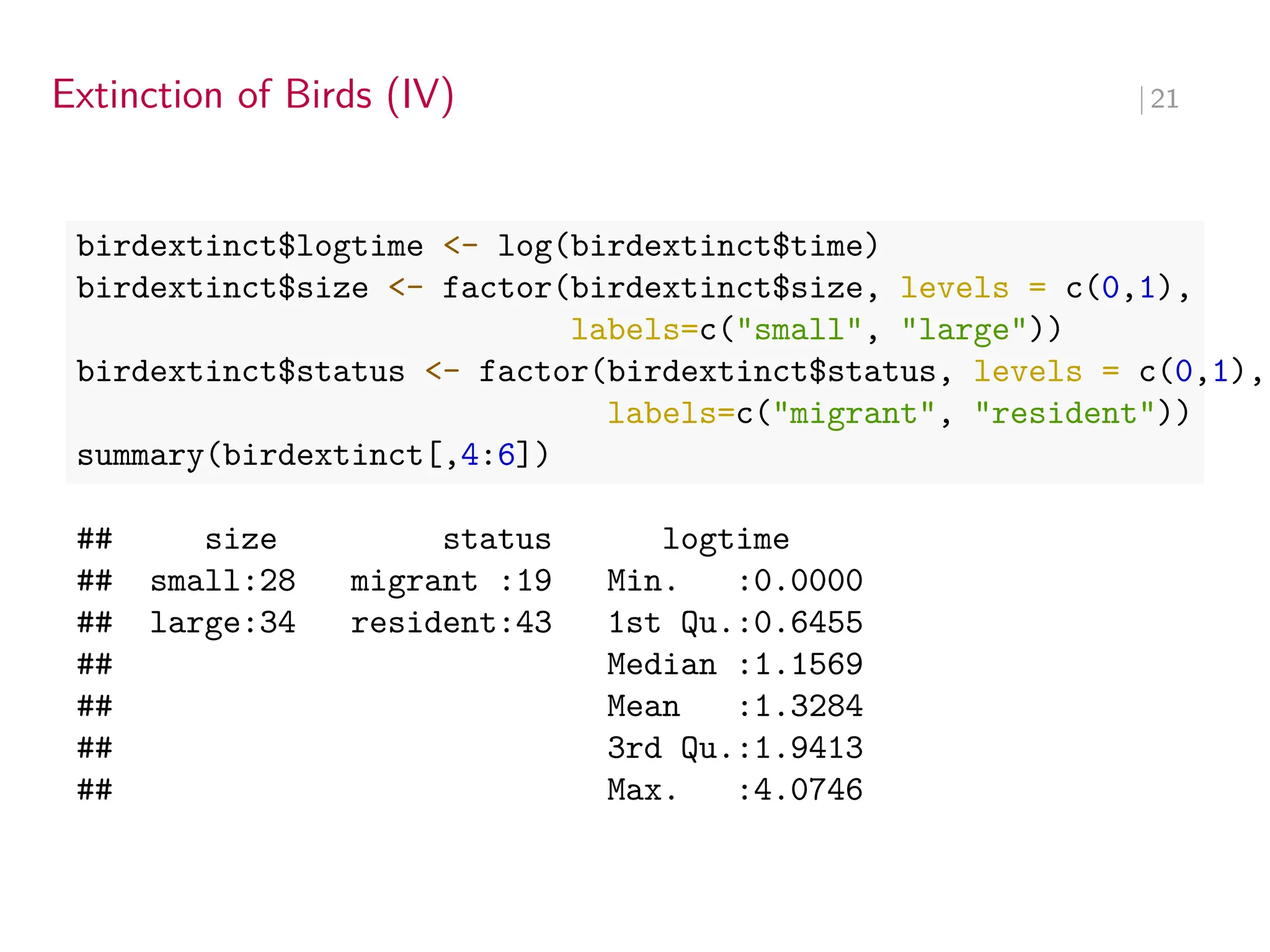 Extinction of Birds (IV) ∣ 21
birdextinct$logtime <- log(birdextinct$time)
birdextinct$size <- factor(birdextinct$size, levels = c(0,1),
labels=c("small", "large"))
birdextinct$status <- factor(birdextinct$status, levels = c(0,1),
labels=c("migrant", "resident"))
summary(birdextinct[,4:6])
## size status logtime
## small:28 migrant :19 Min. :0.0000
## large:34 resident:43 1st Qu.:0.6455
## Median :1.1569
## Mean :1.3284
## 3rd Qu.:1.9413
## Max. :4.0746
 