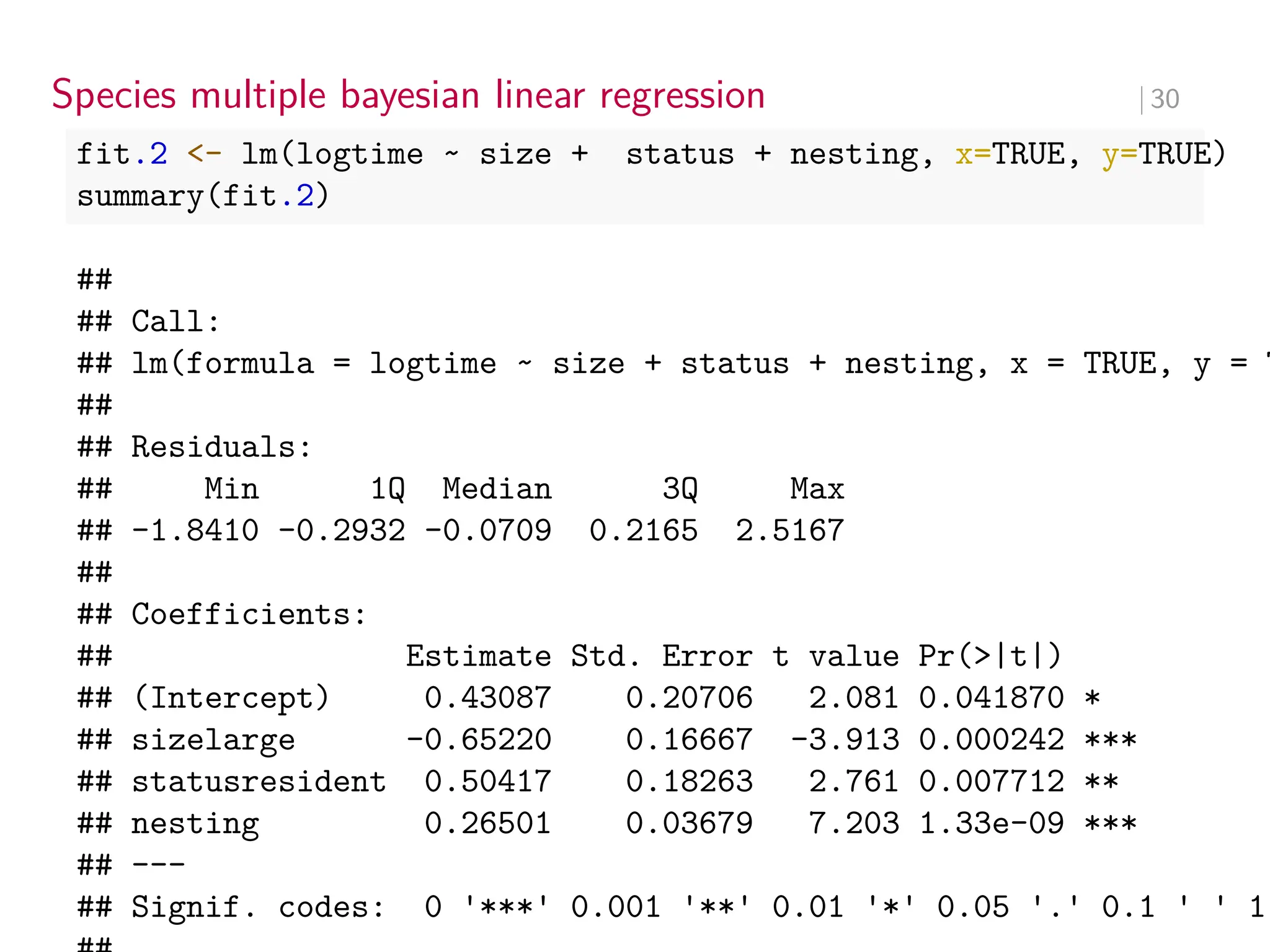 Species multiple bayesian linear regression ∣ 30
fit.2 <- lm(logtime ~ size + status + nesting, x=TRUE, y=TRUE)
summary(fit.2)
##
## Call:
## lm(formula = logtime ~ size + status + nesting, x = TRUE, y = T
##
## Residuals:
## Min 1Q Median 3Q Max
## -1.8410 -0.2932 -0.0709 0.2165 2.5167
##
## Coefficients:
## Estimate Std. Error t value Pr(>|t|)
## (Intercept) 0.43087 0.20706 2.081 0.041870 *
## sizelarge -0.65220 0.16667 -3.913 0.000242 ***
## statusresident 0.50417 0.18263 2.761 0.007712 **
## nesting 0.26501 0.03679 7.203 1.33e-09 ***
## ---
## Signif. codes: 0 '***' 0.001 '**' 0.01 '*' 0.05 '.' 0.1 ' ' 1
 