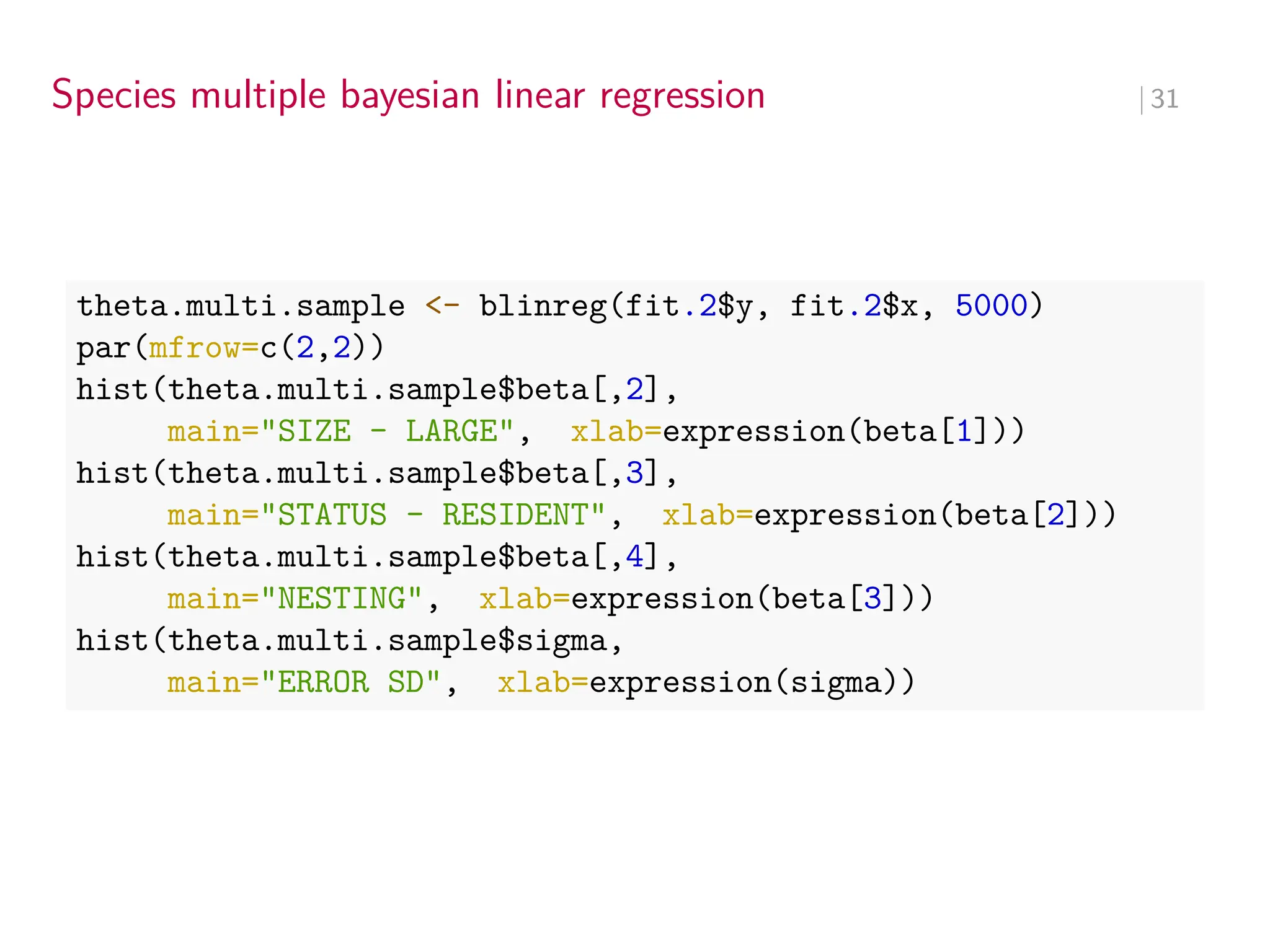 Species multiple bayesian linear regression ∣ 31
theta.multi.sample <- blinreg(fit.2$y, fit.2$x, 5000)
par(mfrow=c(2,2))
hist(theta.multi.sample$beta[,2],
main="SIZE - LARGE", xlab=expression(beta[1]))
hist(theta.multi.sample$beta[,3],
main="STATUS - RESIDENT", xlab=expression(beta[2]))
hist(theta.multi.sample$beta[,4],
main="NESTING", xlab=expression(beta[3]))
hist(theta.multi.sample$sigma,
main="ERROR SD", xlab=expression(sigma))
 