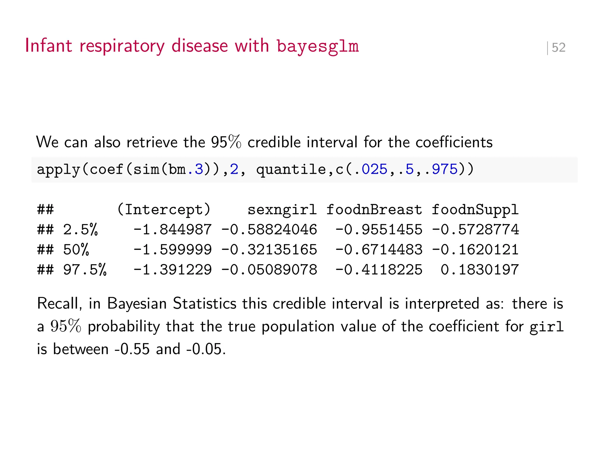 Infant respiratory disease with bayesglm ∣ 52
We can also retrieve the 95% credible interval for the coeﬀicients
apply(coef(sim(bm.3)),2, quantile,c(.025,.5,.975))
## (Intercept) sexngirl foodnBreast foodnSuppl
## 2.5% -1.844987 -0.58824046 -0.9551455 -0.5728774
## 50% -1.599999 -0.32135165 -0.6714483 -0.1620121
## 97.5% -1.391229 -0.05089078 -0.4118225 0.1830197
Recall, in Bayesian Statistics this credible interval is interpreted as: there is
a 95% probability that the true population value of the coeﬀicient for girl
is between -0.55 and -0.05.
 