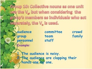 Example:
1. The audience is noisy.
2. The audience are clapping their
hands one by one.
audience committee crowd
group team family
personnel staff
 