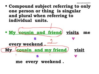 • Compound subject referring to only
one person or thing is singular
and plural when referring to
individual units.
• My cousin and friend visits me
s v
every weekend .
My cousin and my friend visit
s v
me every weekend .
drjeanneathvelarde2018
 