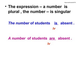 • The expression – a number is
plural , the number – is singular
The number of students is absent .
lv
A number of students are absent .
lv
drjeanneathvelarde2018
 