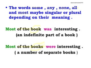 • The words some , any , none, all
and most maybe singular or plural
depending on their meaning .
Most of the book was interesting .
(an indefinite part of a book )
Most of the books were interesting .
( a number of separate books )
drjeanneathvelarde2018
 