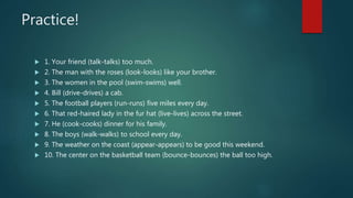 Practice!
 1. Your friend (talk-talks) too much.
 2. The man with the roses (look-looks) like your brother.
 3. The women in the pool (swim-swims) well.
 4. Bill (drive-drives) a cab.
 5. The football players (run-runs) five miles every day.
 6. That red-haired lady in the fur hat (live-lives) across the street.
 7. He (cook-cooks) dinner for his family.
 8. The boys (walk-walks) to school every day.
 9. The weather on the coast (appear-appears) to be good this weekend.
 10. The center on the basketball team (bounce-bounces) the ball too high.
 
