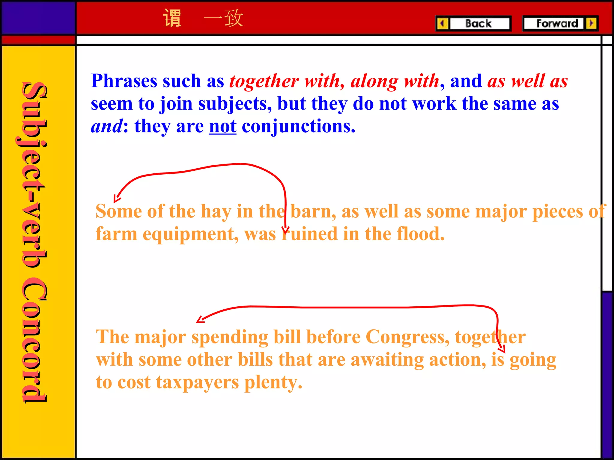 Phrases such as   together with, along with , and   as well as   seem to join subjects, but they do not work the same as  and : they are  not  conjunctions. Some of the hay in the barn, as well as some major pieces of farm equipment, was ruined in the flood. The major spending bill before Congress, together with some other bills that are awaiting action, is going to cost taxpayers plenty. 