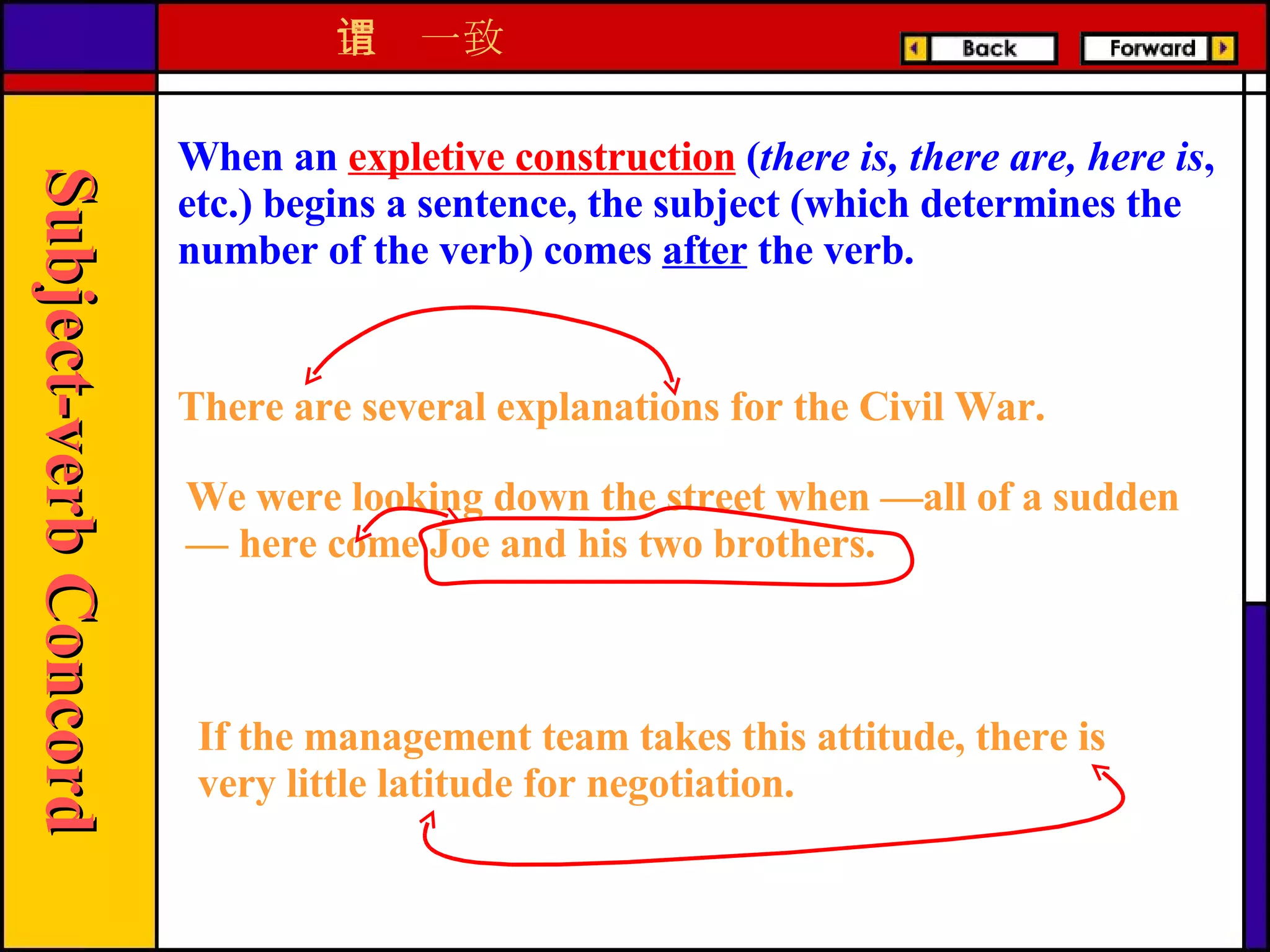 When an  expletive construction  ( there is, there are, here is , etc.) begins a sentence, the subject (which determines the number of the verb) comes  after  the verb. There are several explanations for the Civil War. We were looking down the street when —all of a sudden — here come Joe and his two brothers. If the management team takes this attitude, there is very little latitude for negotiation. 