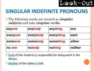SINGULAR INDEFINITE PRONOUNS
   The following words are treated as singular
    subjects and take singular verbs.
anyone           anybody          anything         one
everyone         everybody        everything       each
someone          somebody         something        either
no one           nobody           nothing          neither

 Each of the students is responsible for doing work in the
  library.
 Neither of the tables is laid.
 