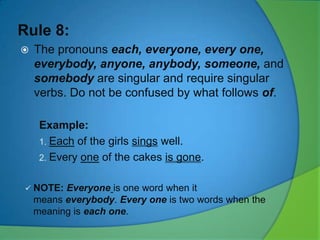 Rule 8:


The pronouns each, everyone, every one,
everybody, anyone, anybody, someone, and
somebody are singular and require singular
verbs. Do not be confused by what follows of.
Example:
1. Each of the girls sings well.
2. Every one of the cakes is gone.

 NOTE:

Everyone is one word when it
means everybody. Every one is two words when the
meaning is each one.

 