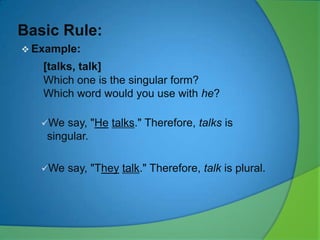Basic Rule:
 Example:

[talks, talk]
Which one is the singular form?
Which word would you use with he?
We

say, "He talks." Therefore, talks is
singular.

We

say, "They talk." Therefore, talk is plural.

 