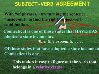 SUBJECT-VERB AGREEMENT 
With “of phrases,” try turning the sentence 
“inside-out” to find the right subject-verb 
combination. 
Connecticut is one of those states that HAVE/HAS 
adopted a state income tax. 
Turn this around to . . . . 
Of those states that have adopted a state income tax, 
Connecticut is one. 
This makes it easy to figure out the verb that 
belongs in a relative clause. 
 