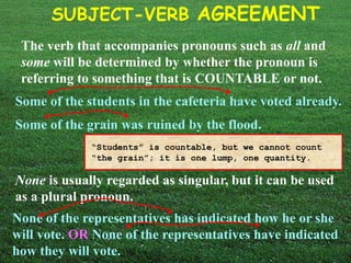 SUBJECT-VERB AGREEMENT 
The verb that accompanies pronouns such as all and 
some will be determined by whether the pronoun is 
referring to something that is COUNTABLE or not. 
Some of the students in the cafeteria have voted already. 
Some of the grain was ruined by the flood. 
“Students” is countable, but we cannot count 
“the grain”; it is one lump, one quantity. 
None is usually regarded as singular, but it can be used 
as a plural pronoun. 
None of the representatives has indicated how he or she 
will vote. OR None of the representatives have indicated 
how they will vote. 
 