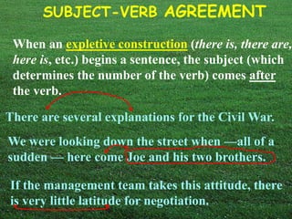 SUBJECT-VERB AGREEMENT 
When an expletive construction (there is, there are, 
here is, etc.) begins a sentence, the subject (which 
determines the number of the verb) comes after 
the verb. 
There are several explanations for the Civil War. 
We were looking down the street when —all of a 
sudden — here come Joe and his two brothers. 
If the management team takes this attitude, there 
is very little latitude for negotiation. 
 