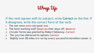Wrap Up
If the verb agrees with its subject, write Correct on the line. If
it disagrees, write the correct form of the verb.
1. The war news were not good. was
2. The hard-working staff deserves their days off. deserve
3. Circular Forms was painted by Robert Delaunay. Correct
4. The jury has delivered its opinion. Correct
5. Slightly over 26 miles are run by every successful marathon runner. is
 