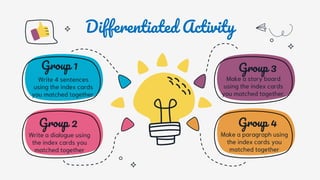 Differentiated Activity
Group 1
Write 4 sentences
using the index cards
you matched together.
Group 2
Write a dialogue using
the index cards you
matched together
Group 3
Make a story board
using the index cards
you matched together.
Group 4
Make a paragraph using
the index cards you
matched together
 