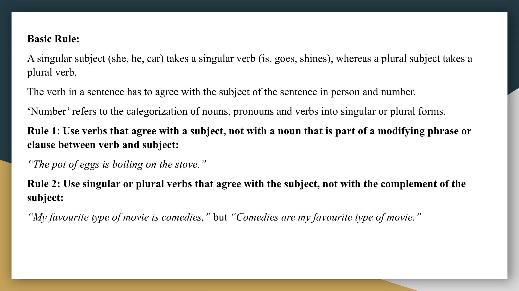 SUBJECT-VERB AGREEMENT - Part of the English Grammar | PPTX