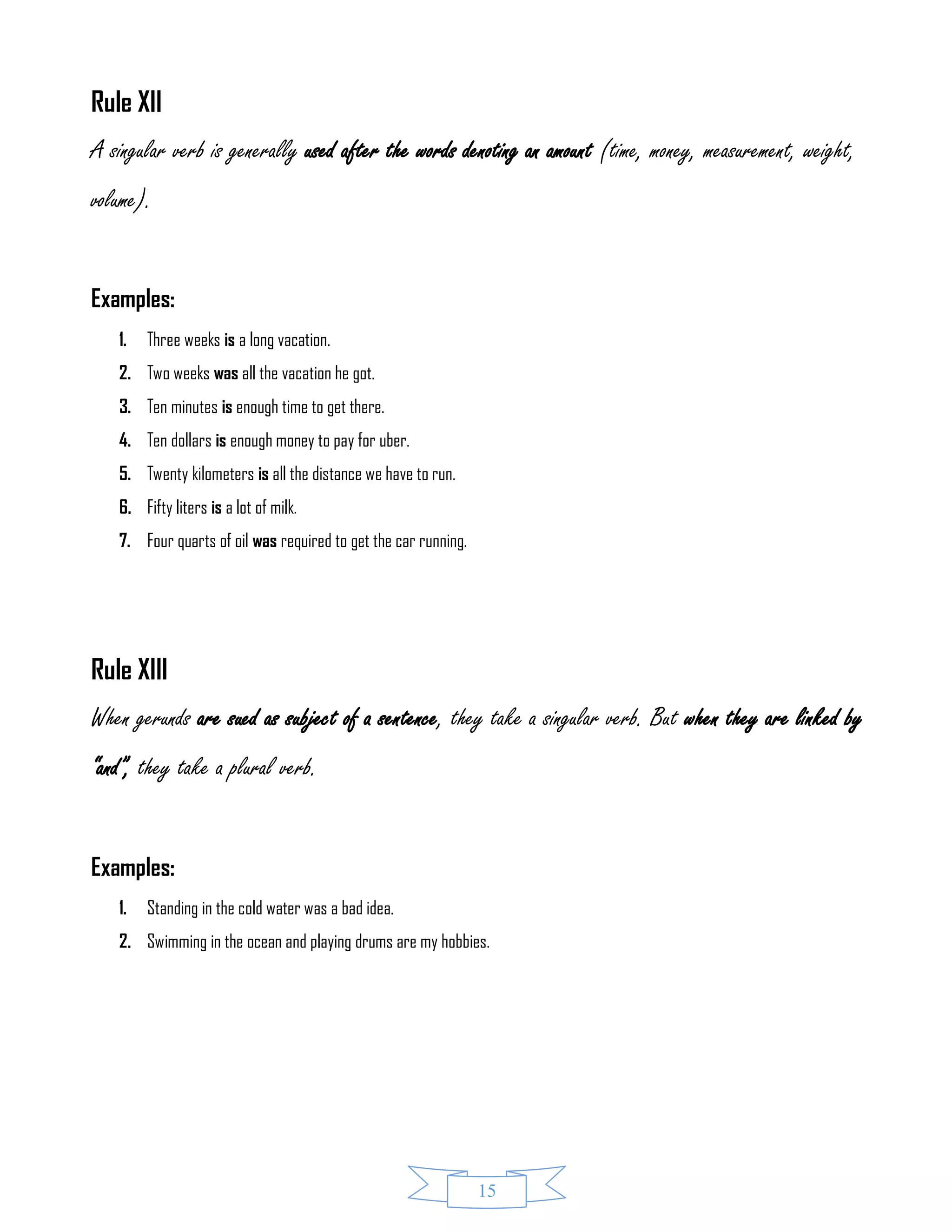 15
Rule XII
A singular verb is generally used after the words denoting an amount (time, money, measurement, weight,
volume).
Examples:
1. Three weeks is a long vacation.
2. Two weeks was all the vacation he got.
3. Ten minutes is enough time to get there.
4. Ten dollars is enough money to pay for uber.
5. Twenty kilometers is all the distance we have to run.
6. Fifty liters is a lot of milk.
7. Four quarts of oil was required to get the car running.
Rule XIII
When gerunds are sued as subject of a sentence, they take a singular verb. But when they are linked by
“and”, they take a plural verb.
Examples:
1. Standing in the cold water was a bad idea.
2. Swimming in the ocean and playing drums are my hobbies.
 