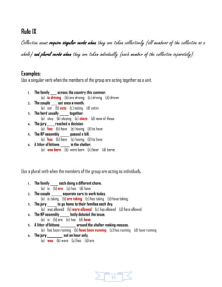 13
Rule IX
Collective nouns require singular verbs when they are taken collectively (all members of the collection as a
whole) and plural verbs when they are taken individually (each member of the collection separately).
Examples:
Use a singular verb when the members of the group are acting together as a unit.
1. The family ____ across the country this summer.
(a) is driving (b) are driving (c) driving (d) driven
2. The couple ____ out once a month.
(a) eat (b) eats (c) eating (d) eaten
3. The herd usually ______ together.
(a) stay (b) staying (c) stays (d) none of these
4. The jury _____reached a decision.
(a) has (b) have (c) having (d) to have
5. The KP assembly ______ passed a bill.
(a) has (b) have (c) having (d) to have
6. A litter of kittens ______ in the shelter.
(a) was born (b) were born (c) bear (d) borne
Use a plural verb when the members of the group are acting as individuals.
1. The family _____ each doing a different chore.
(a) is (b) are (c) has (d) have
2. The couple _______ separate cars to work today.
(a) is taking (b) are taking (c) has taking (d) have taking
3. The jury ______ to go home to their families each day.
(a) was allowed (b) were allowed (c) has allowed (d) have allowed
4. The KP assembly ______ hotly debated the issue.
(a) is (b) are (c) has (d) have
5. A litter of kittens _________ around the shelter making messes.
(a) has been running (b) have been running (c) has running (d) have running
6. The jury _________ out an hour only.
(a) was (b) were (c) has (d) are
 