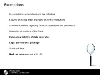 Exemptions Investigations, prosecutions and tax collecting Security and good order of prisons and other institutions Statutory functions regarding financial supervision and bankruptcy International relations of the State Estimating liability of data controller Legal professional privilege Statistical data Back-up data  (contrast with UK) 