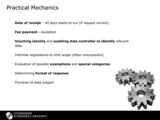 Practical Mechanics Date of receipt  – 40 days starts to run (if request correct) Fee payment  - exception Vouching identity  and  enabling data controller to identify  relevant data  Informal negotiations to limit scope (often unsuccessful)  Evaluation of possible  exemptions  and  special categories Determining  format of response Provision to data subject 