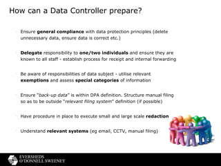 How can a Data Controller prepare? Ensure  general compliance  with data protection principles (delete unnecessary data, ensure data is correct etc.) Delegate  responsibility to  one/two individuals  and ensure they are known to all staff - establish process for receipt and internal forwarding Be aware of responsibilities of data subject - utilise relevant  exemptions  and assess  special categories  of information  Ensure “ back-up data ” is within DPA definition. Structure manual filing so as to be outside “ relevant filing system ” definition (if possible) Have procedure in place to execute small and large scale  redaction Understand  relevant systems  (eg email, CCTV, manual filing) 