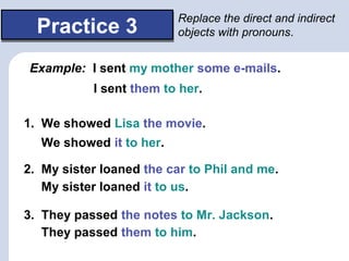 Practice 3Practice 3
Replace the direct and indirect
objects with pronouns.
Example: I sent my mother some e-mails.
1. We showed Lisa the movie.
2. My sister loaned the car to Phil and me.
3. They passed the notes to Mr. Jackson.
I sent them to her.
We showed it to her.
My sister loaned it to us.
They passed them to him.
 