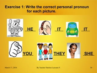 March 17, 2016 By Teacher Danitza Lazcano F. 10
Exercise 1: Write the correct personal pronoun
for each picture.
HE IT IT
YOU THEY SHE
 